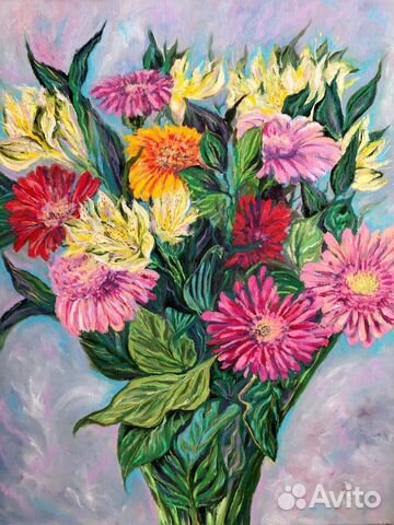 Картина маслом цветы букет «Герберы и альстромерии