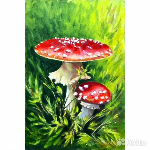 Картина масло грибы мухоморы натюрморт