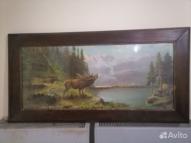 Старинная Картина Олени у озера. Большая
