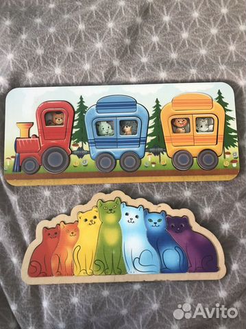 Паровозик деревянный пазл котики