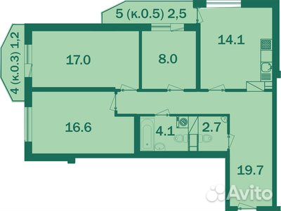 3-к квартира, 82 м², 3/21 эт.