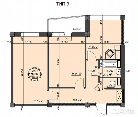 2-к квартира, 64.3 м², 3/9 эт.