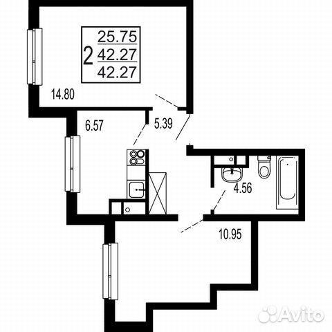 2-к квартира, 42.3 м², 6/17 эт.