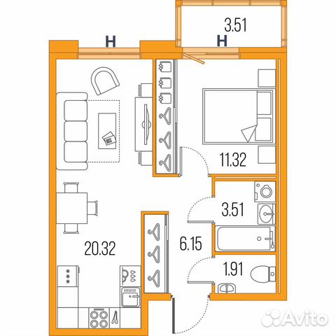 1-к квартира, 43.4 м², 3/22 эт.