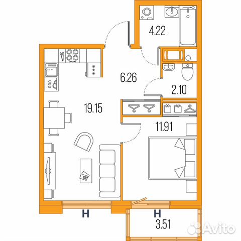 1-к квартира, 43.6 м², 8/22 эт. 1-к квартира, 43.6 м², 8/22 эт.