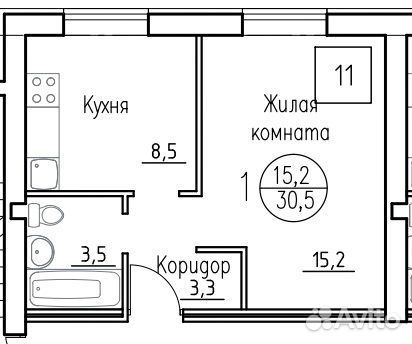 1-к квартира, 30.5 м², 3/3 эт.