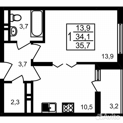 1-к квартира, 35.7 м², 12/17 эт.