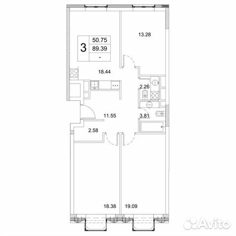 3-к квартира, 90.6 м², 2/16 эт.