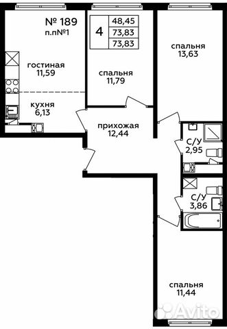 4-к квартира, 73.8 м², 22/22 эт.