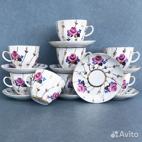 Лфз. Чашки с блюдцами. Фарфор.Ручная роспись. Розы Лфз. Чашки с блюдцами. Фарфор.Ручная роспись. Розы