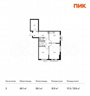 2-к квартира, 69.1 м², 6/17 эт.