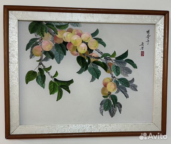 Картина, вышитая гладью на шелке, корейская