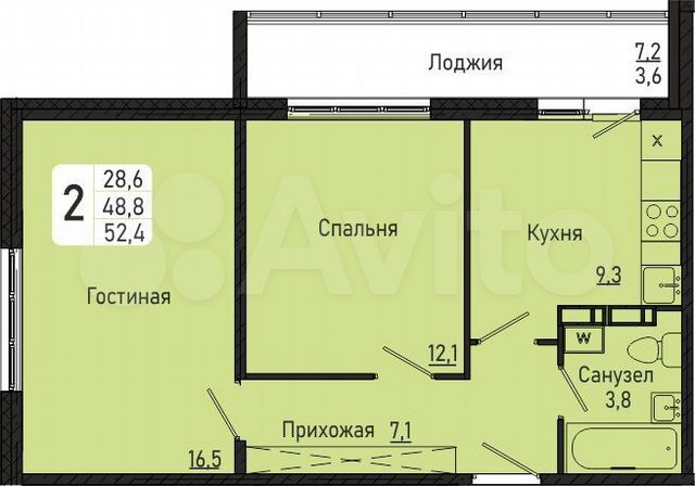 2-к. квартира, 52,4 м², 5/10 эт.