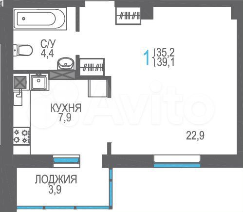 1-к. квартира, 39,1 м², 3/8 эт.