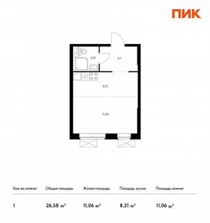 Квартира-студия, 26.6 м², 21/33 эт.