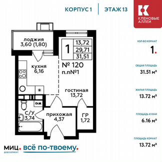 1-к квартира, 31.5 м², 13/17 эт.