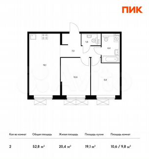 2-к квартира, 52.8 м², 14/17 эт.