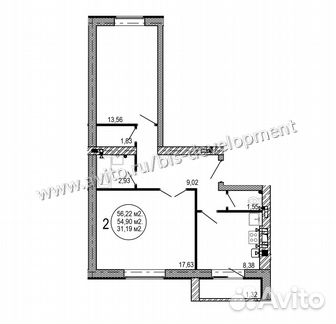 2-к квартира, 56.2 м², 1/5 эт.