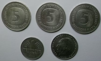 Монеты 1-5 немецких марок + Евро центы (Бельгия)