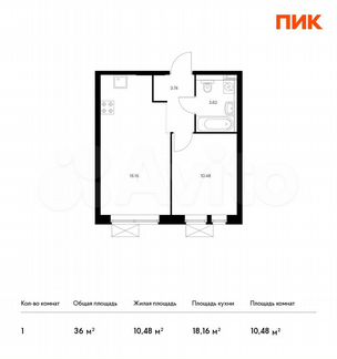 1-к квартира, 36 м², 22/24 эт.