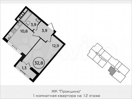 1-к квартира, 32.8 м², 12/18 эт.
