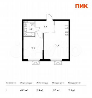 1-к квартира, 43.2 м², 7/17 эт.